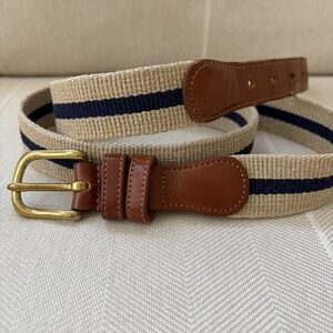 COACH Vintage Natural Linen Belt 33-36 Beige Navy Stripe Leather Brass  Nautical